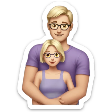  white boy with short brown hair and glasses hugs a blonde girl without glasses in a lavender top sticker