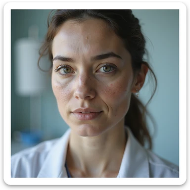 realistic woman with PCOS, realistic face and body with acne marks, chin hair, thin hair, slight overweight, hyperrealistic 4K details, medical environment sticker