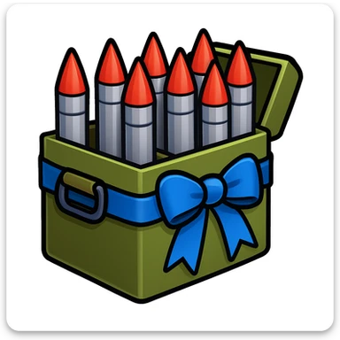 A big long military box filled with long war rockets with a blue ribbon, emoji style sticker