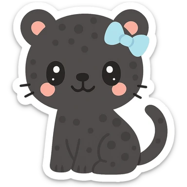 black panther with spots and a blue bow on its ear, kawaii style sticker