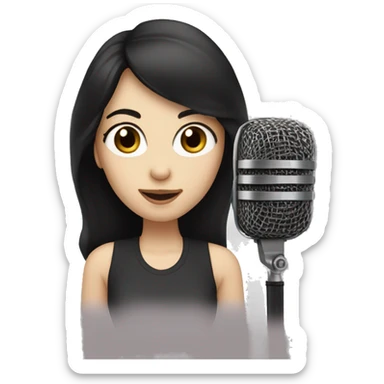 a woman with long black-brown hair, hazel eyes, pale skin, singing into a microphone sticker