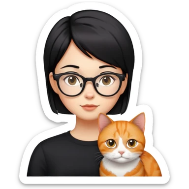 girl with glasses  black  straight Short hair and ginger cat. sticker