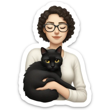 Pale white young woman with dark curly hair with glasses sleeping with black cat sticker