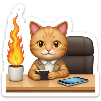 Apple-style emoji illustration of a cute cat character calmly sitting at an office desk, holding a smartphone and looking relaxed, while the office behind is subtly on fire. sticker