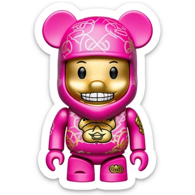 bearbrick toy figure wearing a bright pink balaclava with big pouty lips and gold grillz teeth visible, decorated with luxury brand logos and graffiti style patterns on its body sticker
