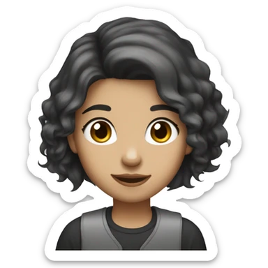 Girl with a wolf cut hair with a laptop smiling black hair white skin tone brown color of eyes tired look but smiling with just lips sticker