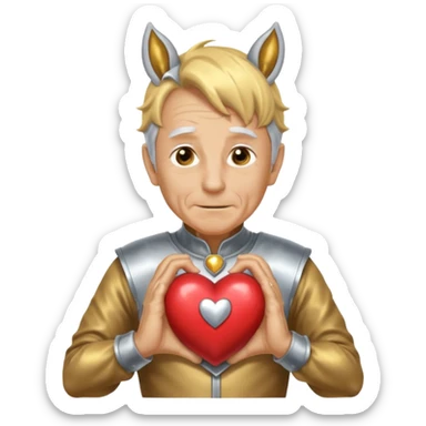 An elderly man with golden skin, his body shining like polished metal, wearing a horse cosplay costume with horse ears and a tail. He is making a heart shape with his hands and blushing slightly, showing a shy and embarrassed expression. sticker