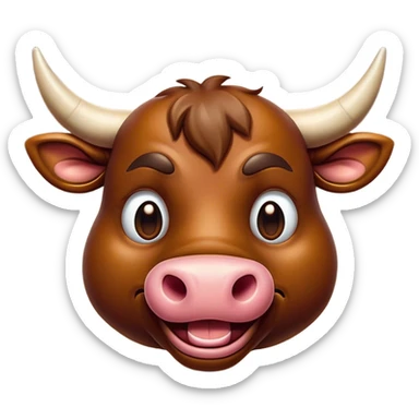 Cinematic Comical Brown Bull Portrait Emoji, Head tilted dramatically with an exaggeratedly amused expression, featuring a striking, glossy brown hide with a bold natural sheen, wide, expressive dark eyes filled with playful disbelief, Simplified yet hilariously expressive features, highly detailed, glowing with a slightly sassy glow, high shine, dramatic yet playful, stylized with an air of cheeky mischief, bright and endearing, soft glowing outline, capturing the essence of a spirited and over-the-top bull, so meme-worthy it feels like it could charge its way into internet fame instantly! sticker