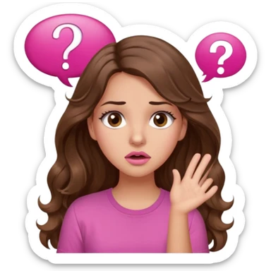 girl with long wavy brown hair, brown eyes, light to medium complexion, in a pink shirt, pink lips, long lashes, confused, question mark speech bubble sticker