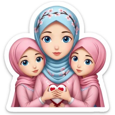 Four sister hugs Turkish girls beautiful finish Konya blue eyes with cherry blossom hijab and heart dress and hugs  sticker