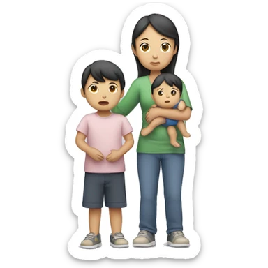 asian sad mum holding two kids, full body standing sticker