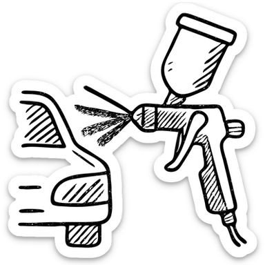 hand-drawn outlined icon of a paint spray gun pointing at a car section, light layer of glossy black paint spraying out, silver details, clean lines, no excess paint, clean and modern sticker