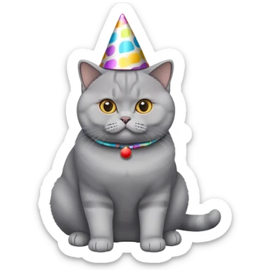 British Shorthair cat full body sitting with a party hat sticker