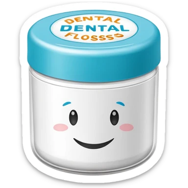 A small round plastic container with the phrase  "dental floss" on it sticker