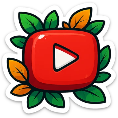 Super chunky, soft YouTube logo in vibrant toon style with thick outline, dramatic solid shadows, shiny graphic highlights, surrounded by vivid leaves, no background. Focus on contours, shadows, and glossy effects, matching the reference style, but keep everything flat and illustrated, not realistic. sticker