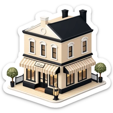 Isometric exterior little black, beige, and white fancy restaurant dollhouse style 3D realistic  sticker