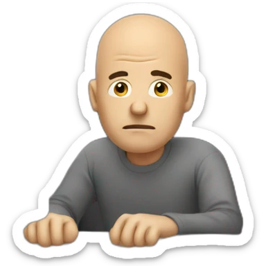 An unhappy stubbled man with bald hair sitting at the computer sticker