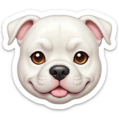 Cinematic Cute White American Bulldog Portrait Emoji, Head tilted playfully and inquisitively, smooth white fur with a healthy sheen, round, sparkling brown eyes filled with curiosity, Simplified yet irresistibly adorable features, highly detailed, glowing with a warm, friendly glow, high shine, affectionate and lively, stylized with a touch of whimsy, bright and endearing, soft glowing outline, capturing the essence of a mischievous yet loving pup, so playful it feels like it could bound out of the screen and into your arms! sticker