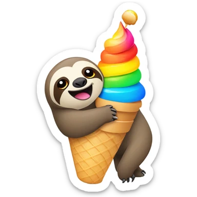 A sloth standing on top of a rainbow while eating an ice cream cone sticker
