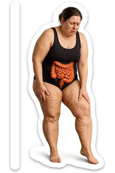 DONNA REALISTICA A FIGURA INTERA CON CELLULITE E GAMBE PESANTI E DOLORANTI, INTESTINO ANATOMICO IN EVIDENZA, CELLULITE VISIBILE, SI TOCCA LA GAMBA CON ESPRESSIONE DI FASTIDIO IN VOLTO, IPERREALISTICA 4K sticker