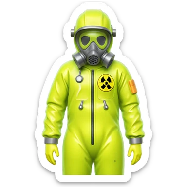 3D render of Hazmat Suit, toxic waste aesthetic, neon green bubbling liquid, caution yellow metal, industrial warning texture. sticker