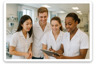 four nursing students working together, wearing short-sleeved white lab coats, no undershirts or stethoscopes, hospital background sticker
