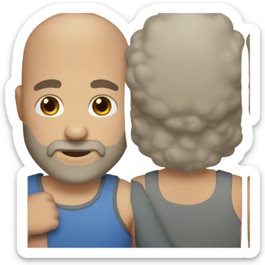 Man with a half bald head, brown curly hair and a beard sticker