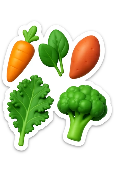 emoji 3d stile iphone di cinque cibi vegetali, vitamina A e glutammina che fluttuano in aria 3d sticker
