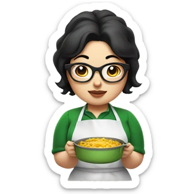 chubby lady with black hair green apron  with glasses cooking  sticker