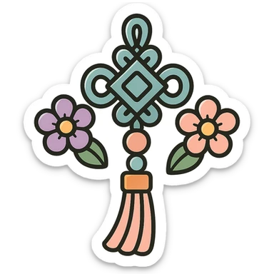 Chinese happiness knot with floral decor, icon-color-outlined style, detailed shadows and highlights, thin clean contours, soft rounded shapes, pastel palette #98B5BC, #B5B3C1, #C9A3C9, #E4C0CA, #F7DCD1, #F7C0AA, modern Japanese pop art and sticker aesthetics, high detail, vector sharpness, soft lighting, transparent background sticker