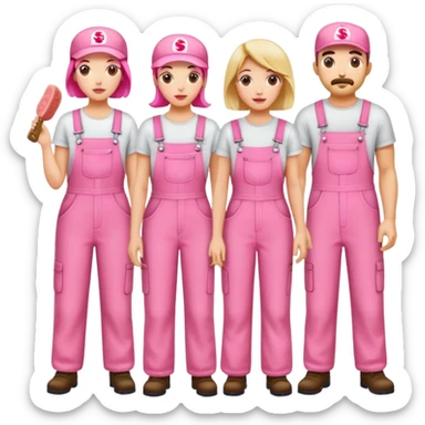 group of artists wearing pink overalls protesting for spam meat art sticker