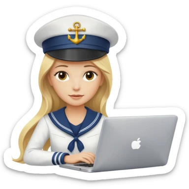 a blondie woman with long hair working with a computer laptop and a grains vessel (boat) around sticker