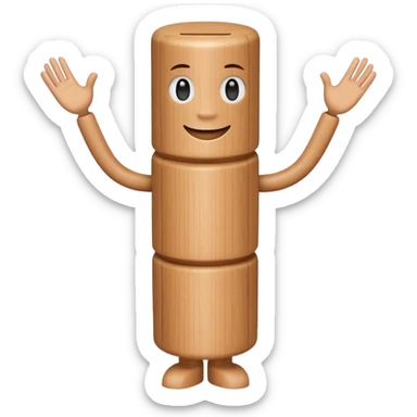 A wooden cylinder with a  face with arms and legs  sticker