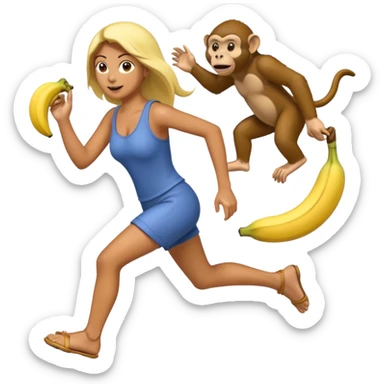 Monkey chasing a woman holding a banana  sticker
