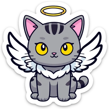 Dark gray short haired domestic cat with light pink ears and greenish-yellow eyes with angel wings  sticker