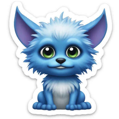 furry blue gremlin with a white belly sticker