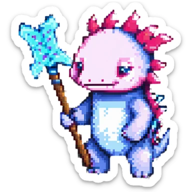 Minecraft axolotl holding a pickaxe, pixel art style, vibrant colors, blocky design sticker