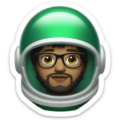 Light skin Man with black short curly hear and beard and black glasses wearing a green and white astronaut suit and helmet sticker