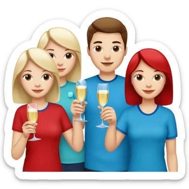 A large crowd of adults in casual clothing with red, aqua and blue shirts with drinks chatting at an afterwork meeting sticker