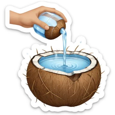A whole coconut with water being poured over it with hands cupping water sticker