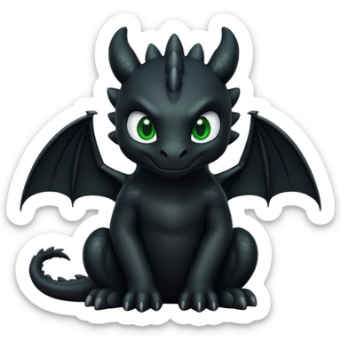black Night Fury dragon sitting with big green eyes, emoji style sticker