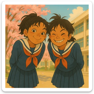 Add a friend beside the Japanese brown-skinned high school girl, both in Tokyo high school uniforms, leaning forward with mischievous smiles, cherry blossoms in the background, in Ghibli anime style. sticker