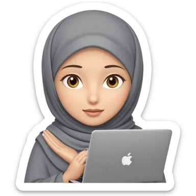 A girl wearing a gray hijab and with hazel eyes is carrying a laptop, not a laptop, just a regular laptop. Not mat bock  sticker