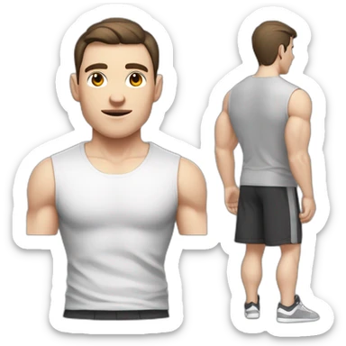 Pale skinned Fit Man With the biceps and dark brown hair in black shirt, gray sports shorts and white Sneakers He touches his back of the head sticker