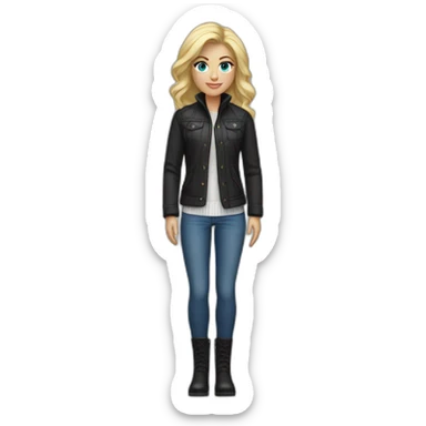 blond tall blue eye female designer with sports jacket and white turtle neck sweater black boots and blue jeans sticker