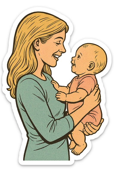 adult woman with long blonde hair holding a baby in her arms, they look at each other and smile, side view, old school comic book style, thin clean contours, soft rounded shapes, pastel palette, detailed shadows and highlights, soft lighting sticker