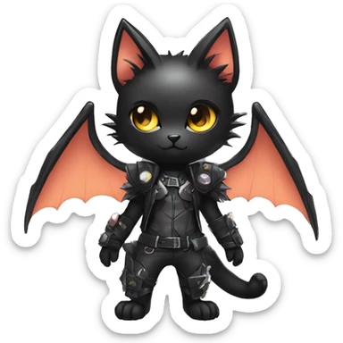 Shiny Chibi Cool Punk Black beautiful fantasy Kawaii Sona Fakemon-cat-animal with edgy bat-wings-ears Full Body sticker