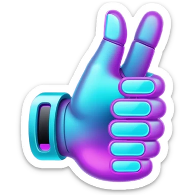 futuristic glowing thumbs up, neon purple and cyan light, dark background, digital tech style sticker