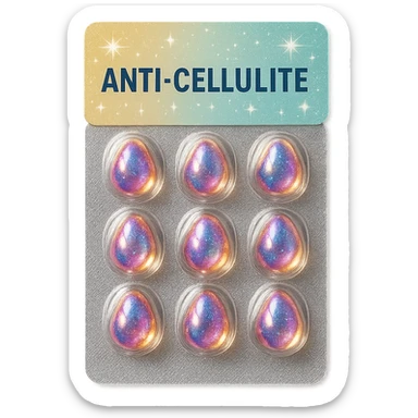 hyperrealistic magical pills against cellulite, attractive and shiny appearance, white background, packaging that evokes the idea of a miraculous solution sticker