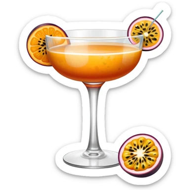 Dark orange cocktail with white top and passion fruit garnish in a coupe cocktail glass sticker